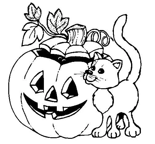 Dibujo de Calabaza y gato para Colorear - Dibujos.net