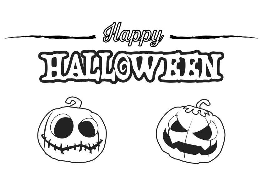 Dibujo de un cartel con la frase Happy Halloween y unas calabazas para  colorear