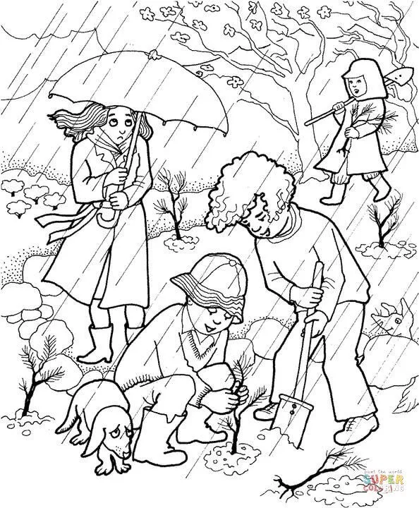 Dibujo de Los chicos están plantando un árbol en el jardín. La ...
