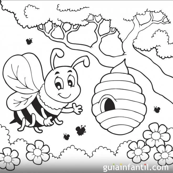 Dibujo para colorear de una abeja y un panal en primavera ...