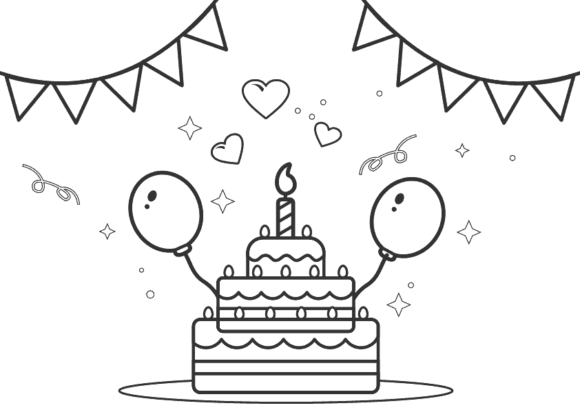 Dibujo colorear fiesta de cumpleaños. Birthday cake and balloons coloring  page. | Dibujos feliz cumpleaños, Globos, Cumpleaños