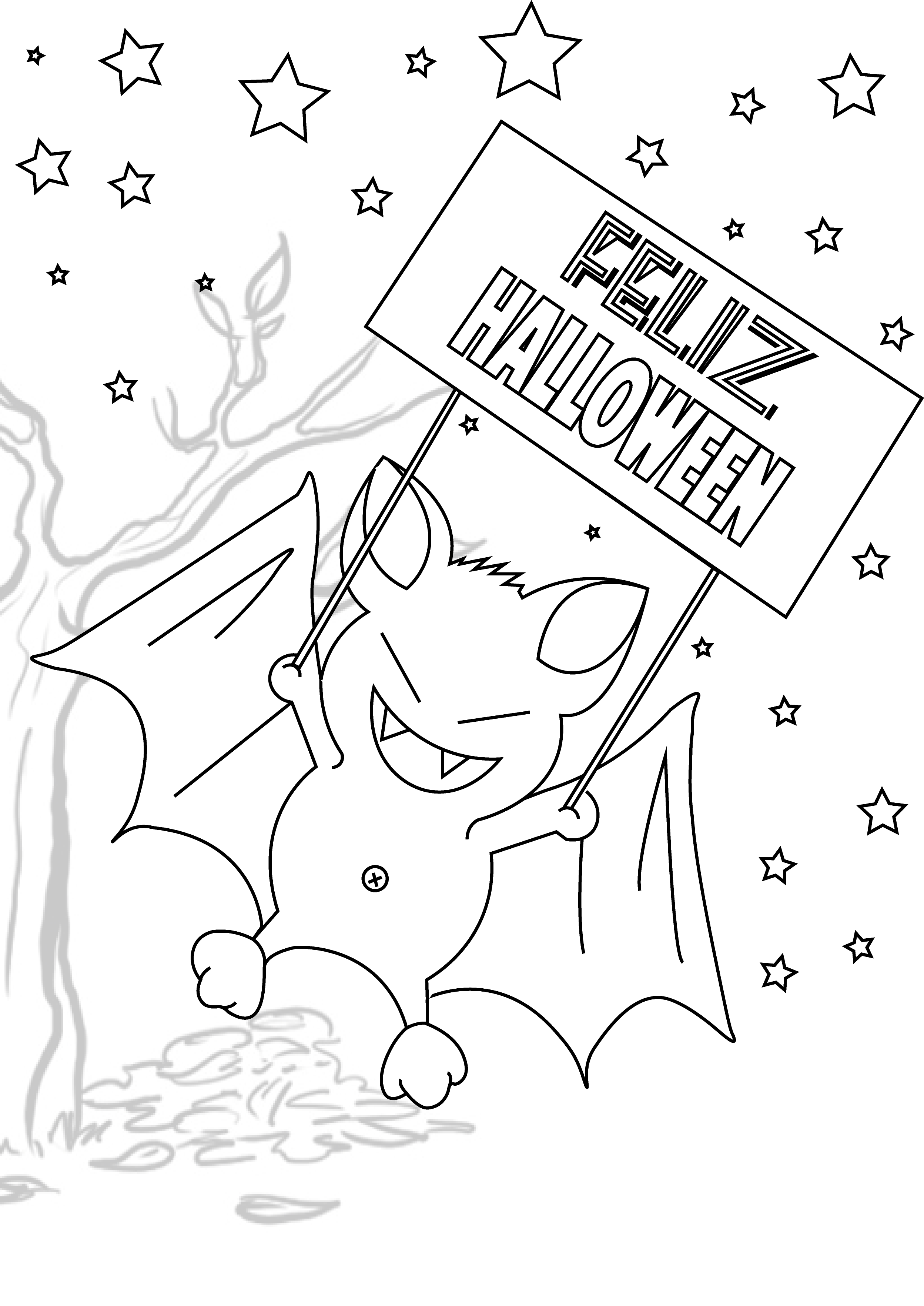 Dibujo para colorear de Halloween Murciélago con felicitación Dibujo para colorear de Halloween Murciélago con felicitación