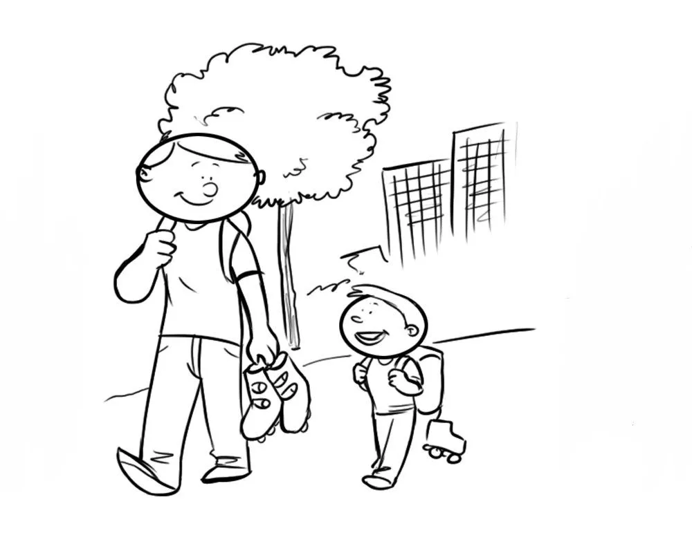 Dibujo para colorear de padre e hijo caminando con patines