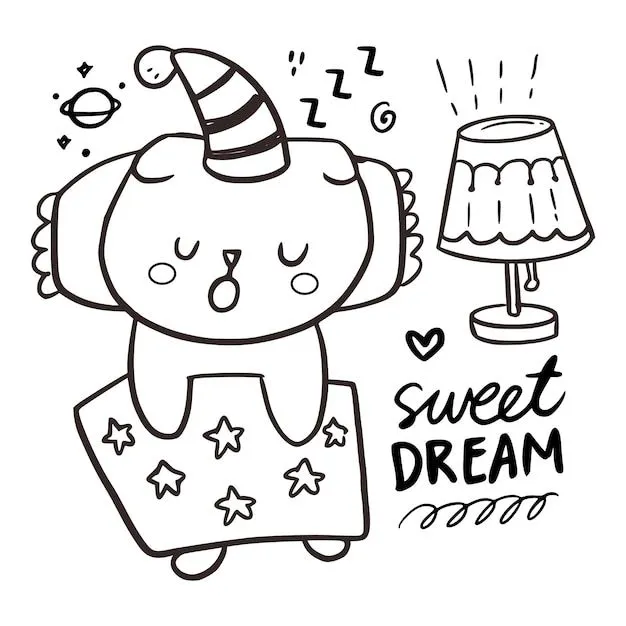 Dibujo para colorear de página de gato durmiendo lindo para niños.  ilustración de cita de dulces sueños | Vector Premium