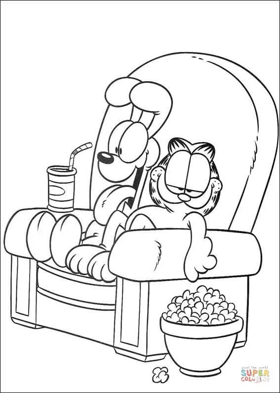 Dibujo de Garfield y Oddie viendo la tele mientras comen palomitas ...