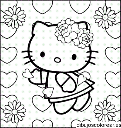 Dibujo de Hello Kitty con flores y corazones | Dibujos para Colorear