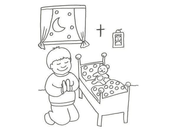 Dibujo infantil de un niño rezando para colorear