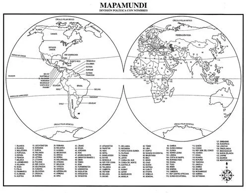 Mapamundi para colorear con nombres de continentes - Imagui