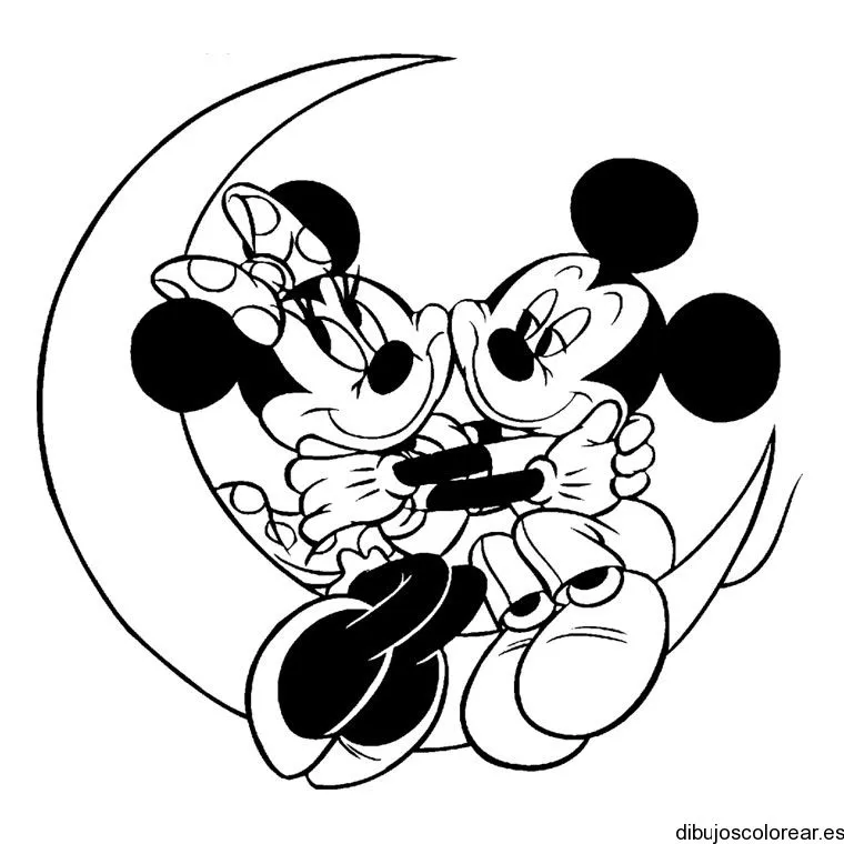 Dibujo de Mickey y Minnie abrazos en la luna | Dibujos para Colorear
