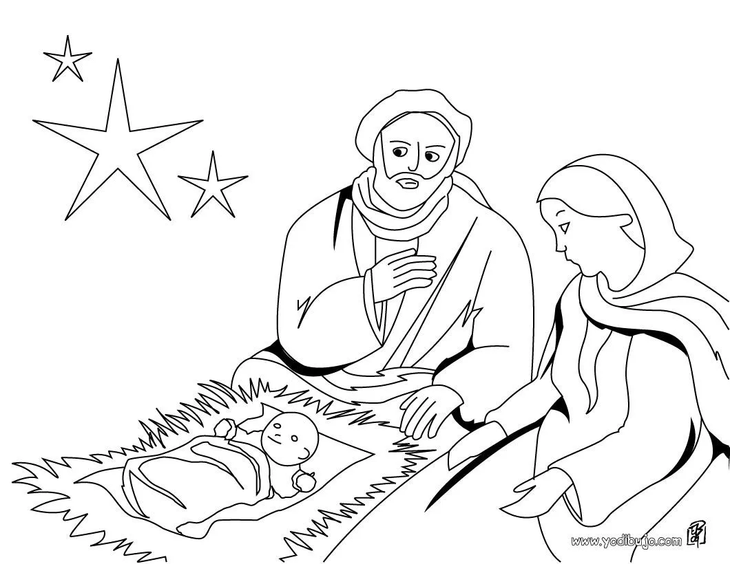 Dibujo de Navidad: Maria, San Jose y al niño Jesús para colorear