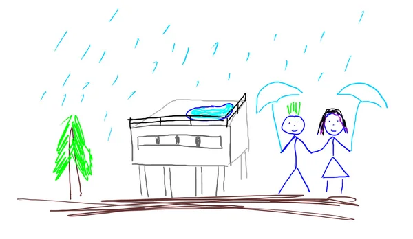 dibujo de niño con casa, árbol, feliz chica y chico, paraguas en ...