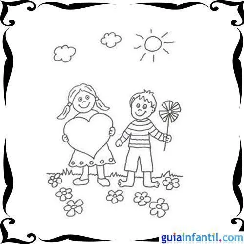 Dibujo de niños con flores y corazones para colorear - Dibujos de ...