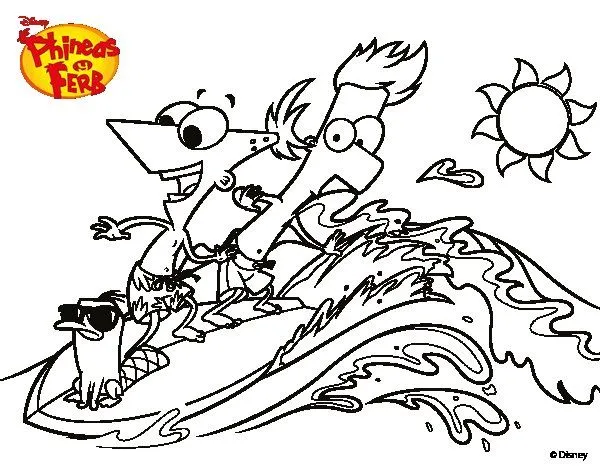 Dibujo de Phineas y Ferb - Surfeando para Colorear - Dibujos.net
