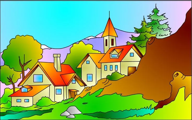 dibujo de un pueblo al lado de montaña - Buscar con Google ...