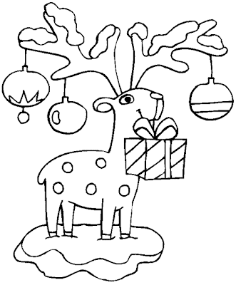 Dibujo de Reno con esferas y regalos de navidad para colorear