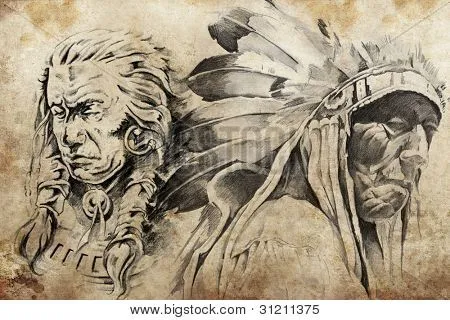 Dibujo de tatuaje de guerreros indios americanos, hecho a mano ...