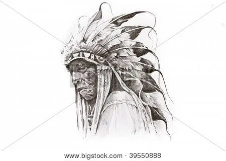Dibujo de tatuaje de indio americano nativo Guerrero, hecho a mano ...