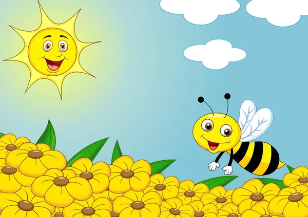 Dibujos animados de abeja feliz en el campo de flores — Vector ...