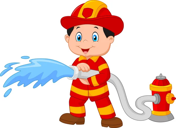 Dibujos animados bombero vierte de una manguera de incendios ...
