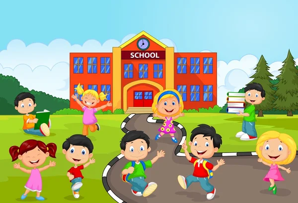 Dibujos animados feliz escolares frente a la escuela — Vector ...