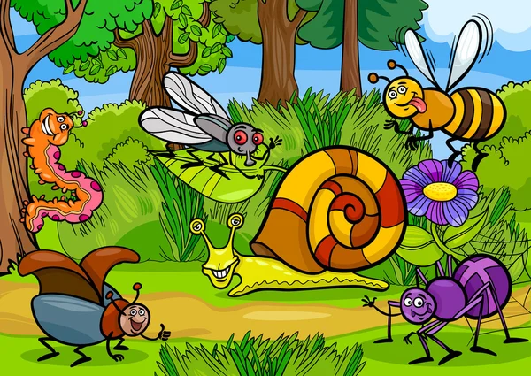 Dibujos animados de insectos en escena rural naturaleza — Vector ...