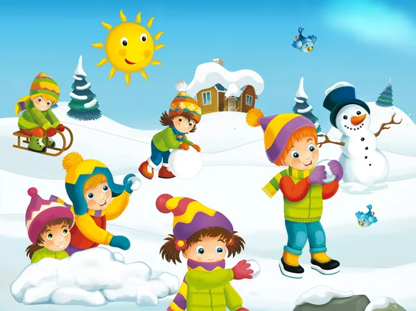 dibujos animados de invierno con los niños — Foto stock ...