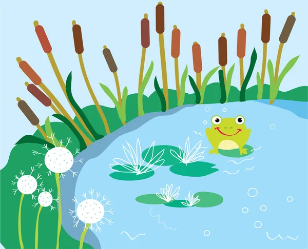 dibujos animados de lago con lily y rana graciosa — Vector stock ...