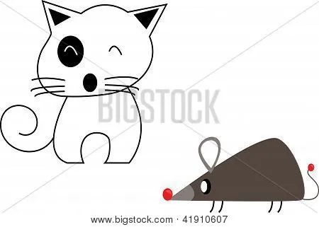 Dibujos animados lindo gato y la rata aislado sobre fondo blanco ...