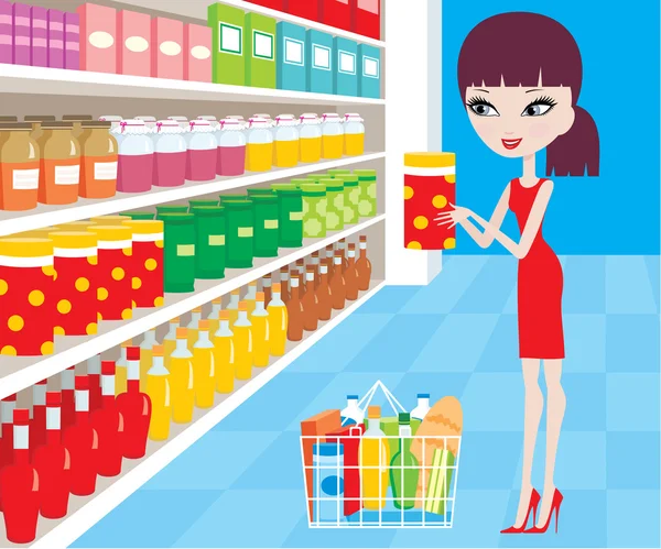 Dibujos animados de la mujer en un supermercado — Vector stock ...