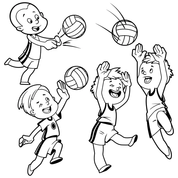 Dibujos animados de niños jugando voleibol. Vector clip art ...