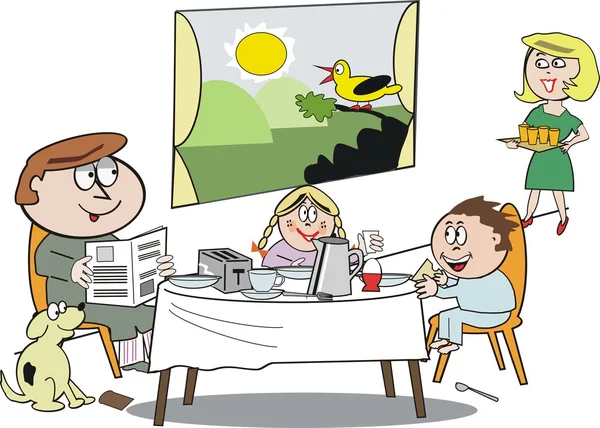 Dibujos animados Vector del grupo familiar feliz desayunando con ...
