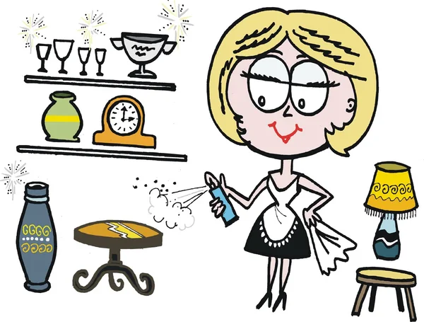 Dibujos animados de vector de mujer para limpiar y pulir muebles ...