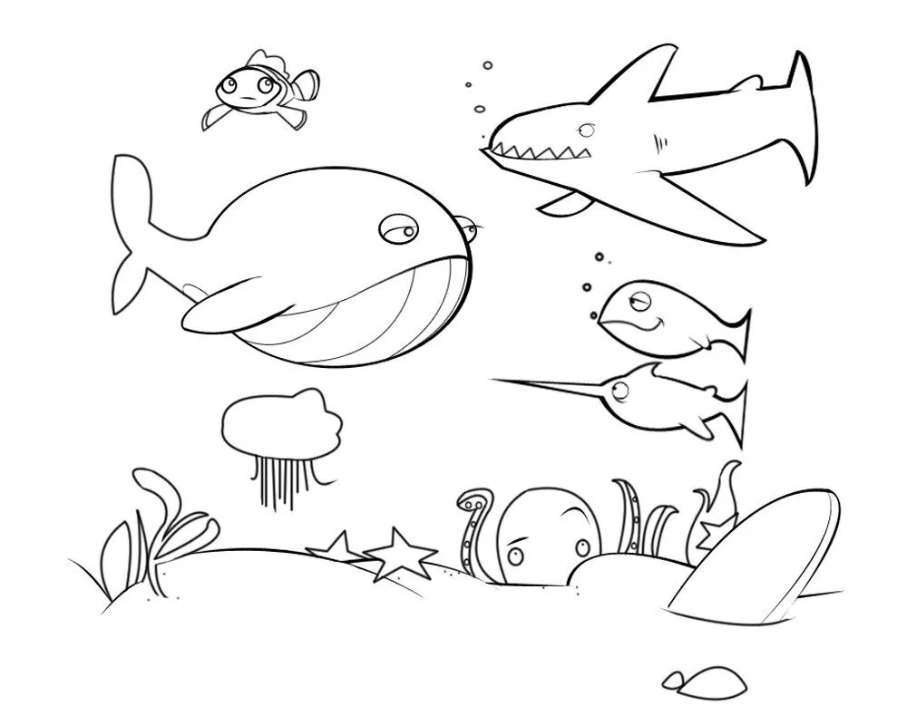 Dibujos de animales marinos para colorear. Fondo marino para pintar