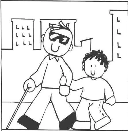Dibujo de Niño ayudando a un ciego a cruzar la calle para colorear