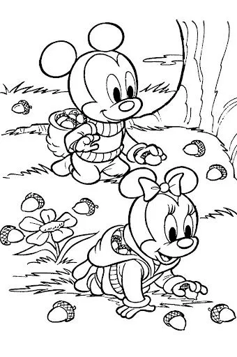 Fun Coloring Pages: Baby Mickey and Baby Minnie picking Acorns free ...