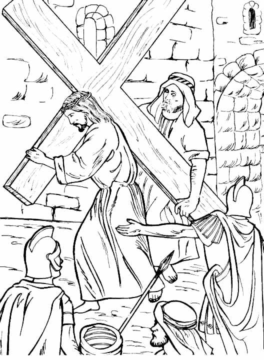 Dibujos Católicos : Jesús es ayudado a cargar la cruz para colorear Dibujos Católicos : Jesús es ayudado a cargar la cruz para colorear