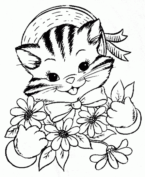 Dibujos para colorear: Gatito con sombrero y flores para pintar