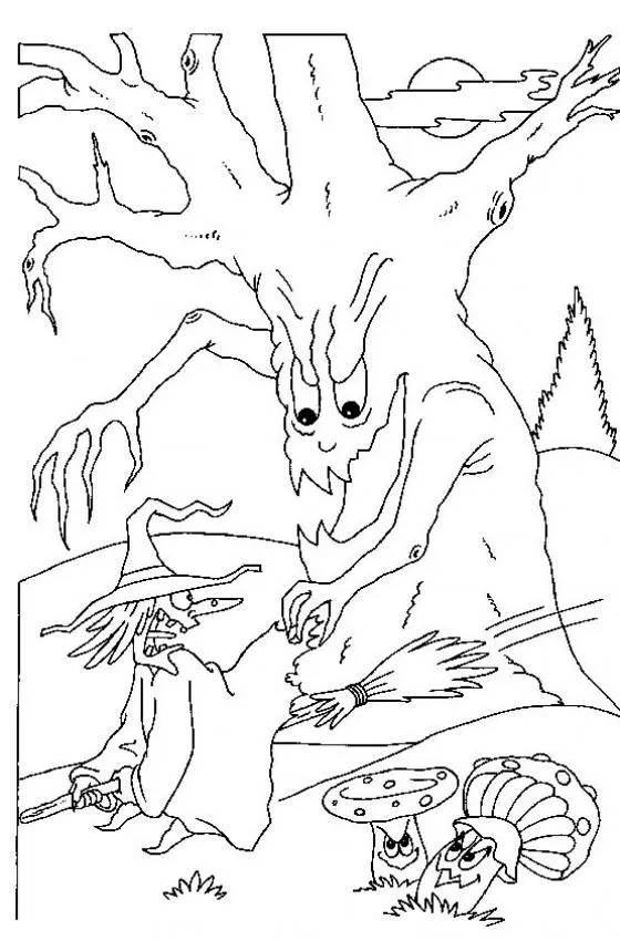 Dibujos para colorear Monstruos, una bruja perseguida por un árbol ...