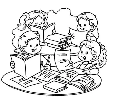 Niños leyendo para colorear en la escuela - Imagui