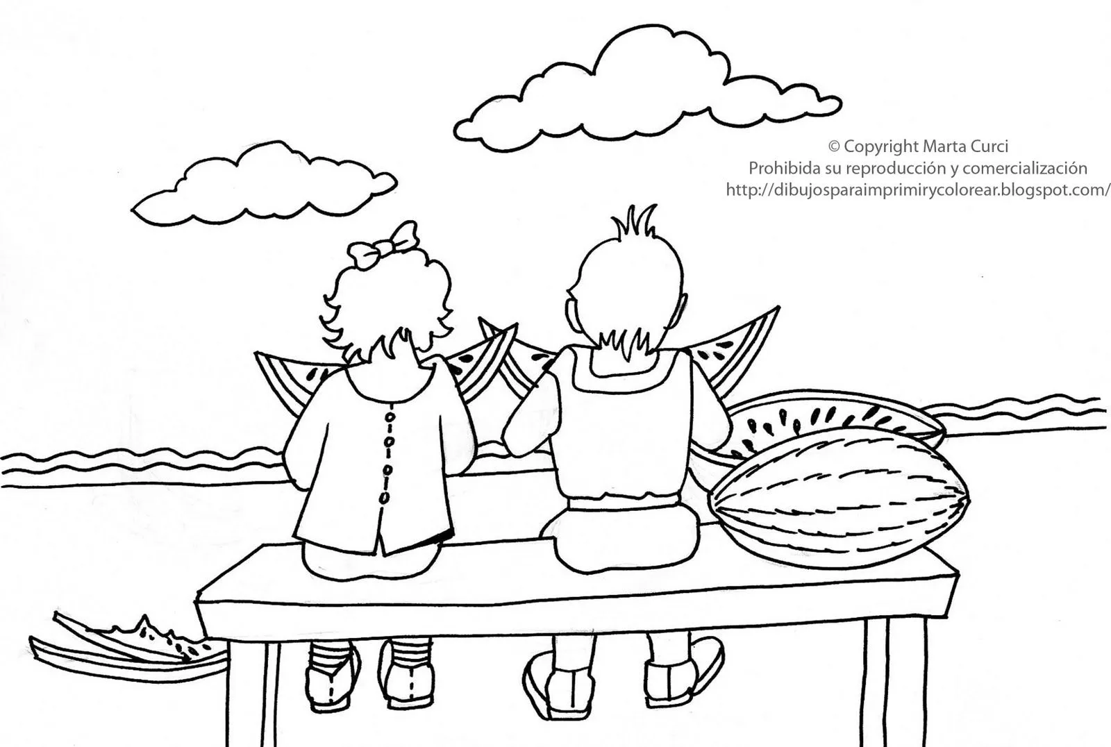  ... gratis para niños: Dibujo de niños comiendo sandia para colorear