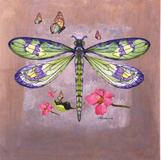 Libelula con flores y mariposas