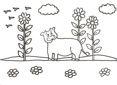 Dibujo para colorear de una vaca entre flores de girasol!!