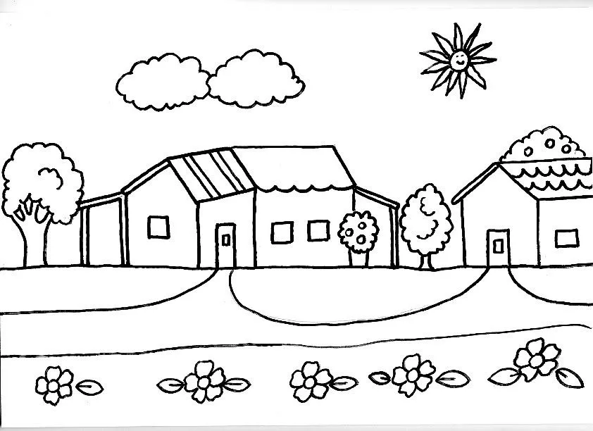 DIBUJOS PARA NIÑOS GRATIS PARA IMPRIMIR Y COLOREAR.COLOURING DRAWINGS FOR  KIDS: Dibujo de dos casitas en la llanura