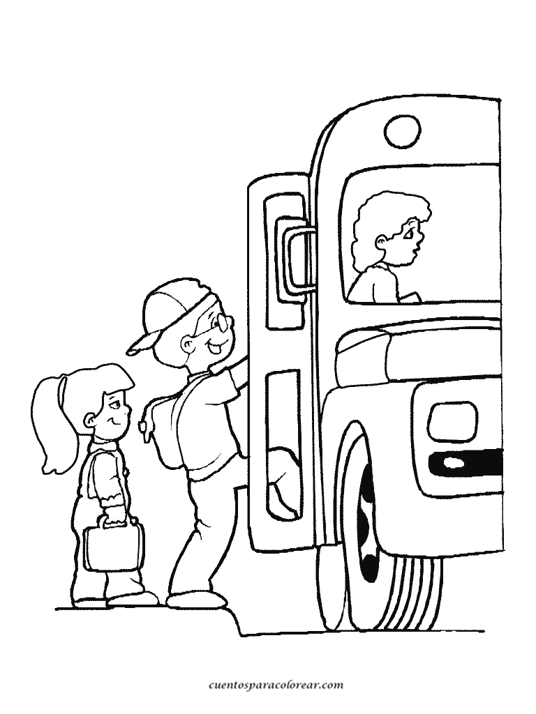 Dibujos para pintar: Niños subiendo al transporte escolar.