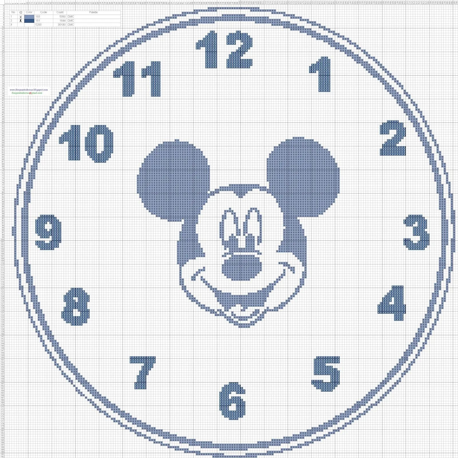 Dibujos Punto de Cruz Gratis: Reloj Mickey Mouse clock - Cross ...