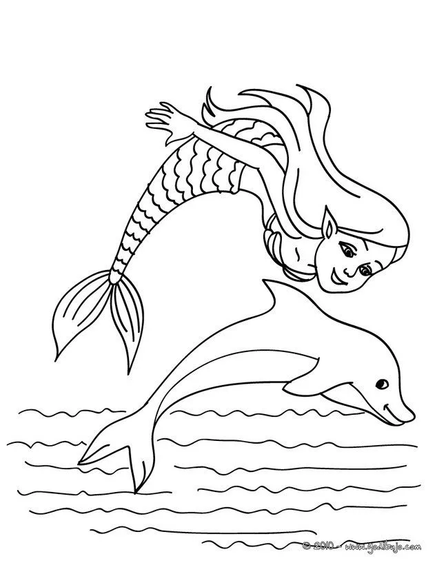 Dibujos SIRENAS para colorear, una sirena y un delfin para imprimir