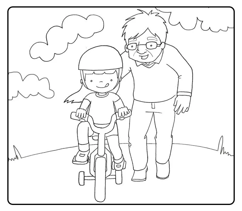  ... niños: Colorear abuelo enseñando a montar en bicicleta a su nieta