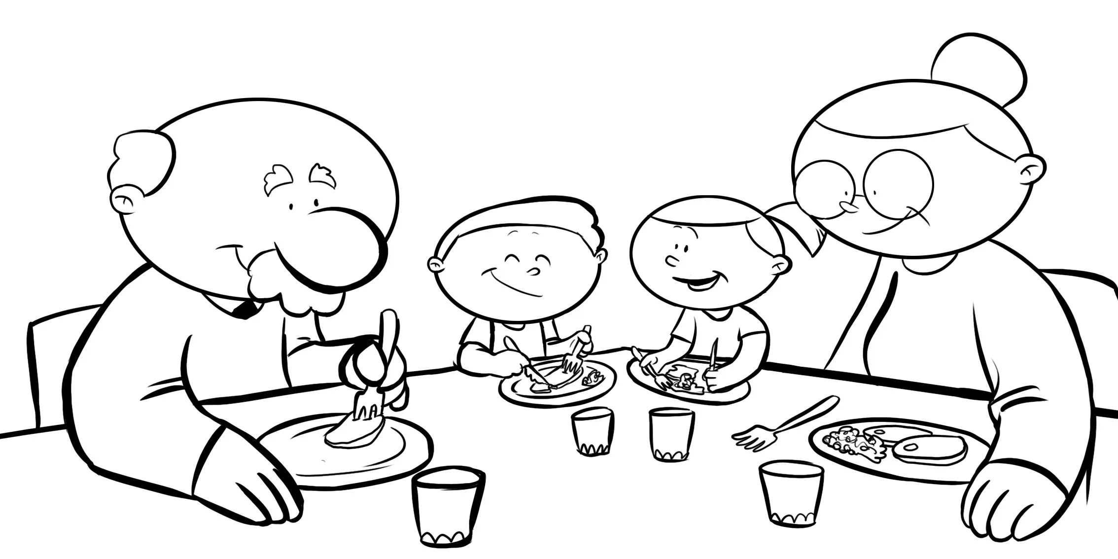 Dibujos con niños: Colorea abuelos con sus nietos sentados en la mesa ...