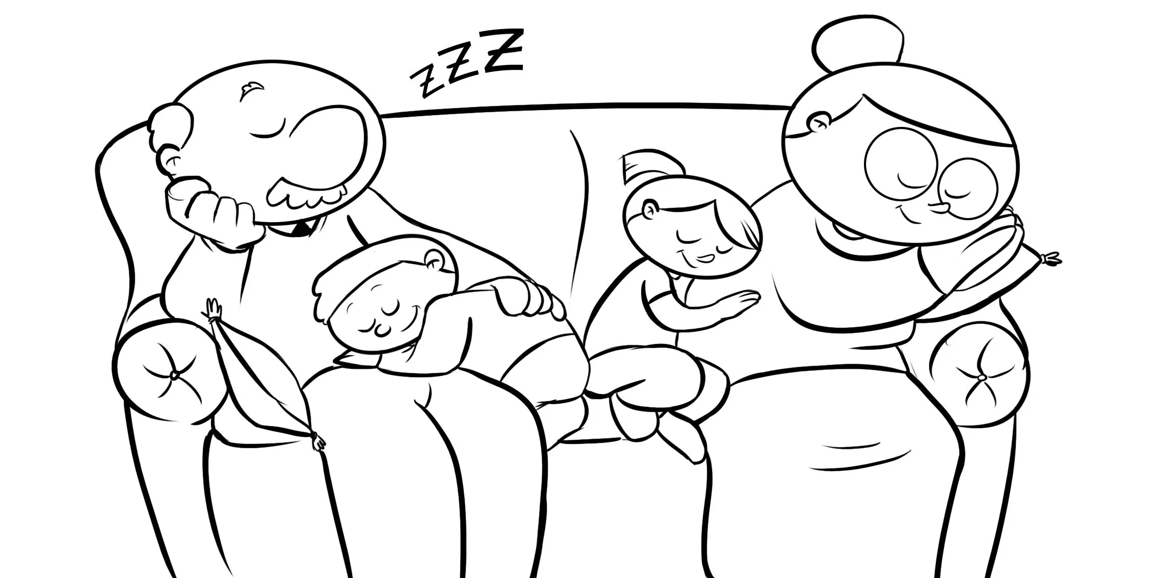  ... niños: Colorea a unos abuelos durmiendo en el sofá con sus nietos