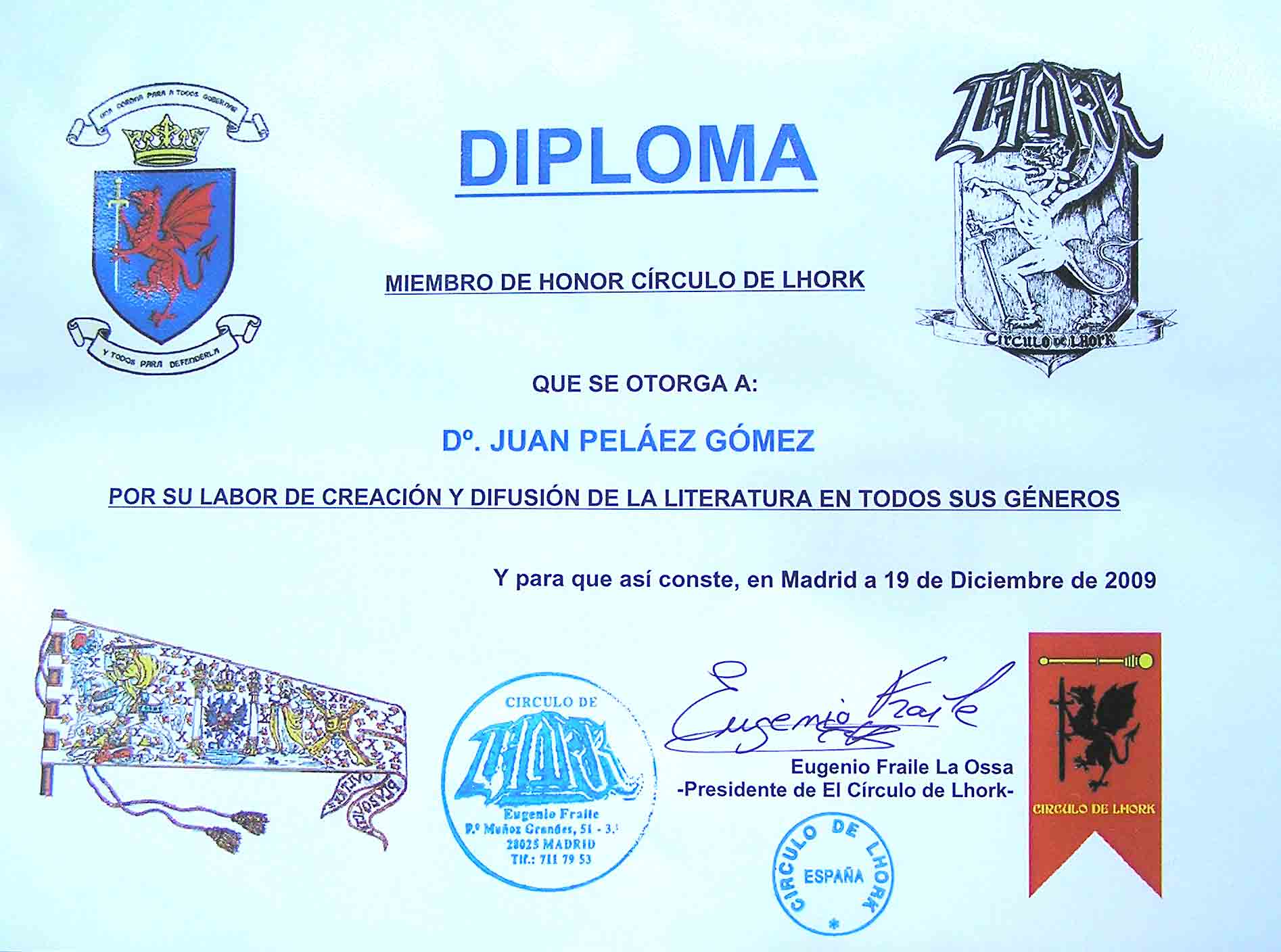  ... diploma que acreditaba al escritor Juan Peláez como miembro de honor